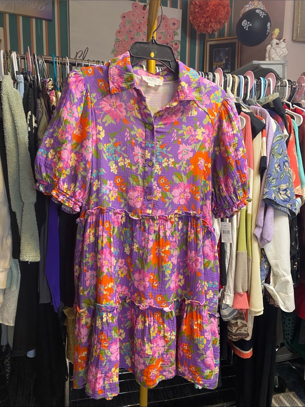 Peach Love California Purple Floral Puff-Sleeve Tiered Mini Dress